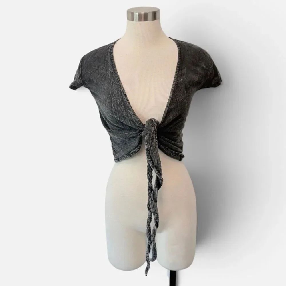 VTG Grey Gray Kathmandu Cotton Tie Dye Front Tie Top Short Sleeve Vest Small